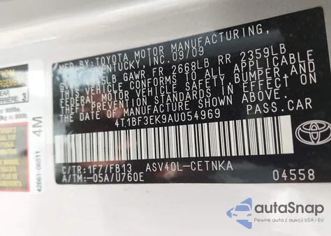 2010 Toyota Camry Le z USA, uszkodzony, nr VIN 4T1BF3EK9AU054969